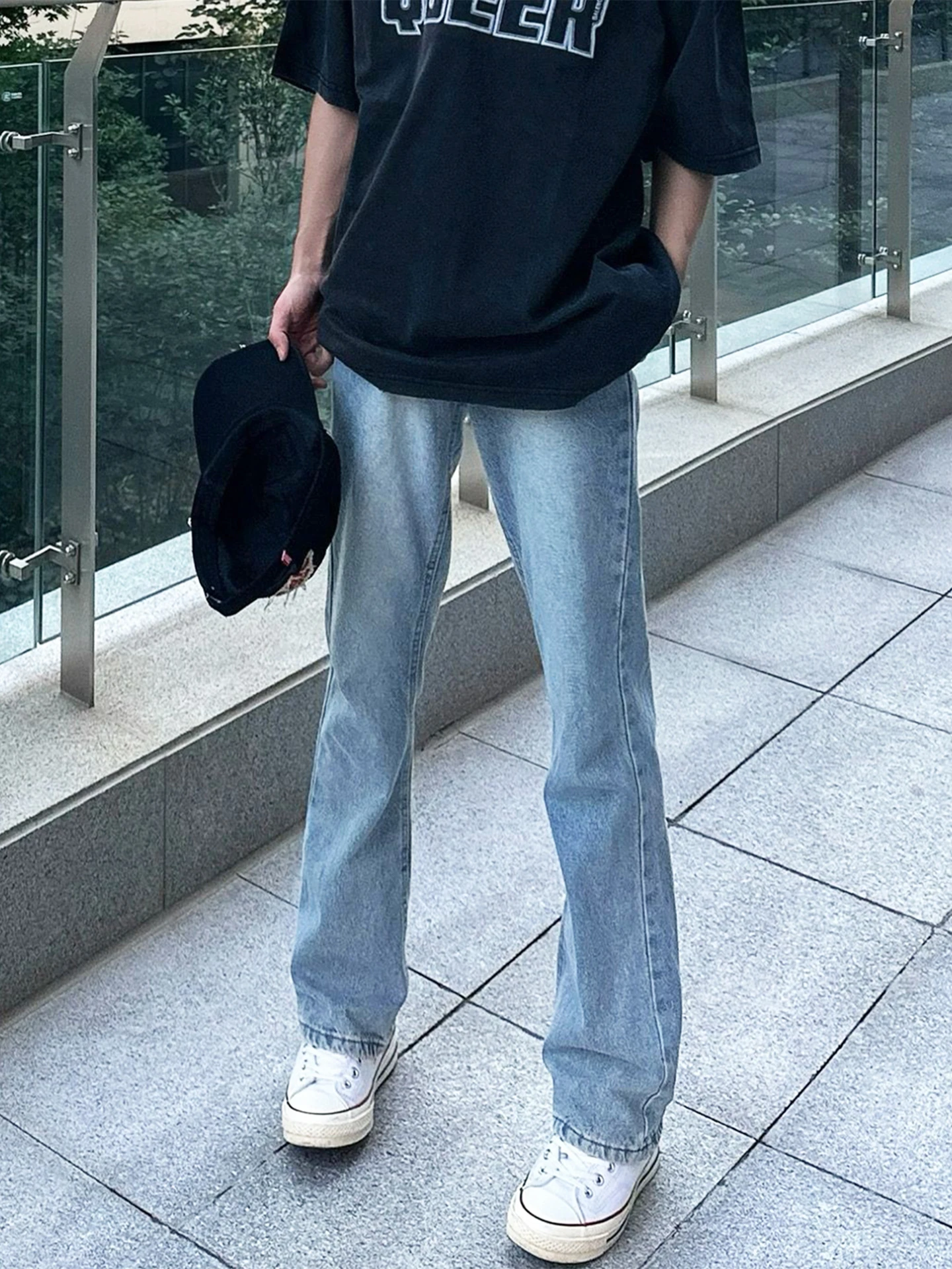 

Light Blue Men's Jeans Summer Thin American High Street Vibe Casual Slim Straight Leg Micro Flared Pants Clean Fit Sle