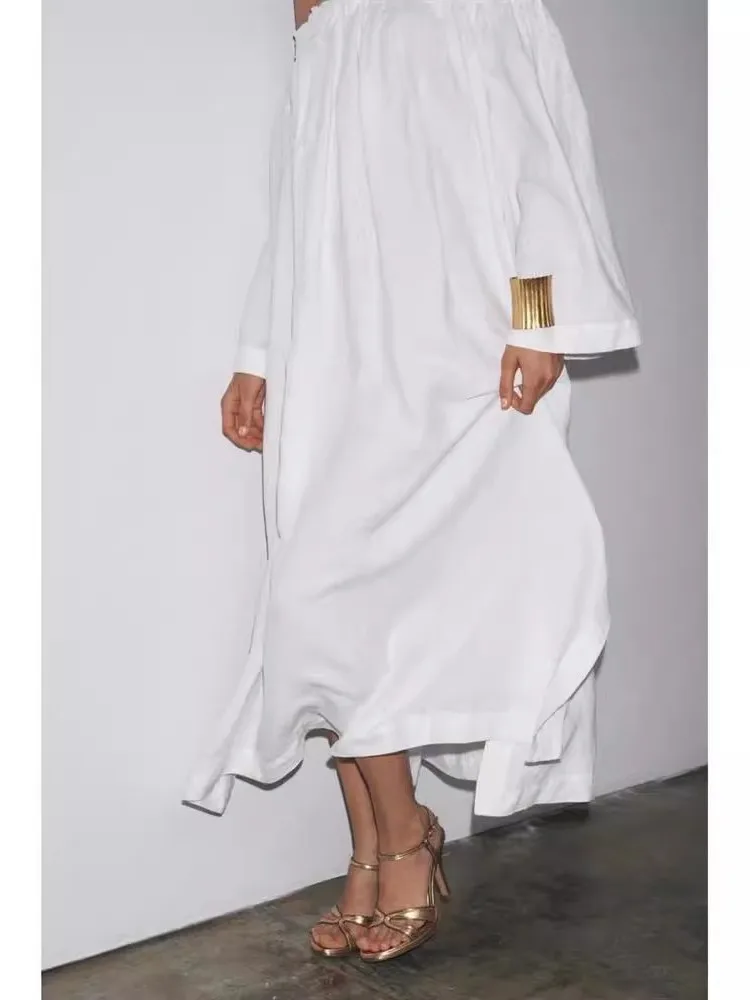 Nuevo Vestido de Lino en Línea A para Mujer, Otoño 2025, Hombros Descubiertos, Estilo Casual, Hoado, Manga Tres Cuartos, Ve...