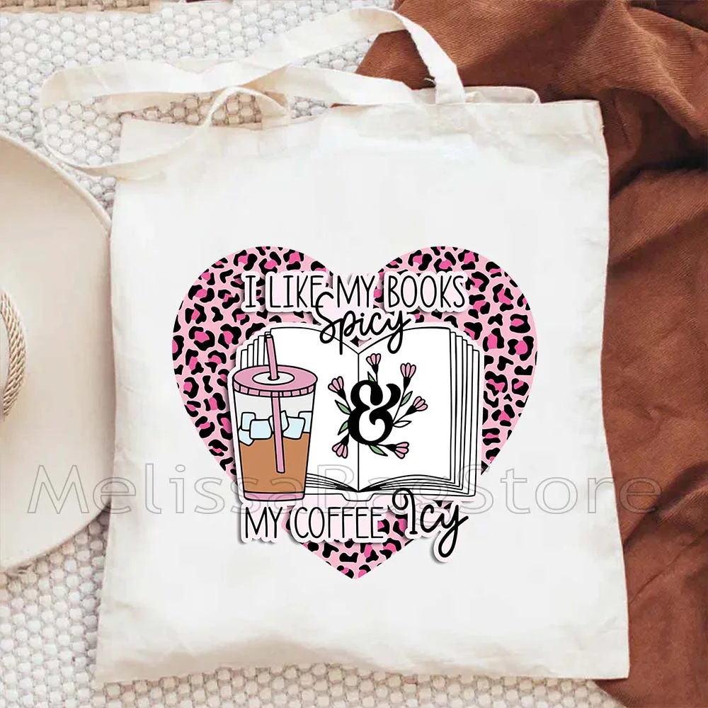 Women Canvas Library Reading Books Canvas Tote Bag Books and Tea Cup Shopping Students Cat Book Cotton Travel BOOKSHOP Handbag view 5