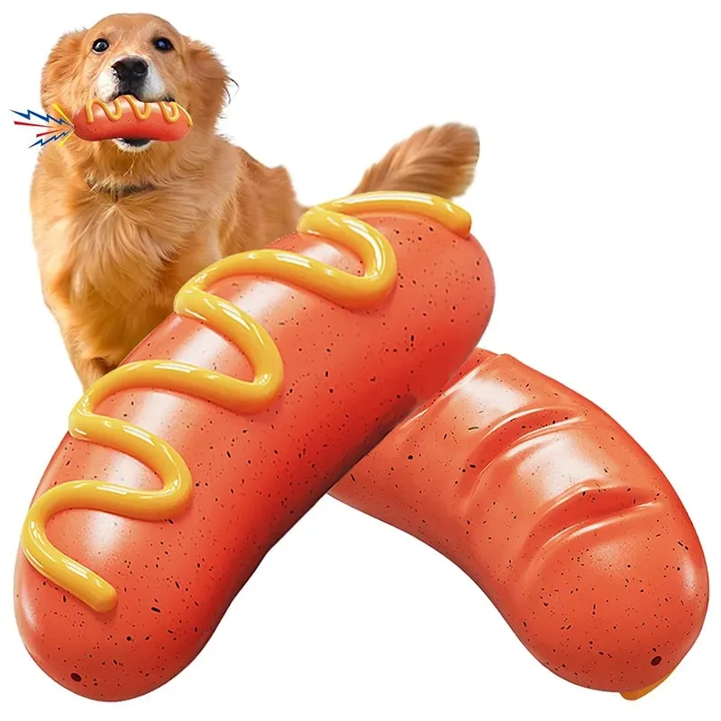 Dog Chew Toys Rubber Grilled Sausage Shape Squeaky Toys Bite Resistant Teeth Cleaning Interactive Training Dog Accessories