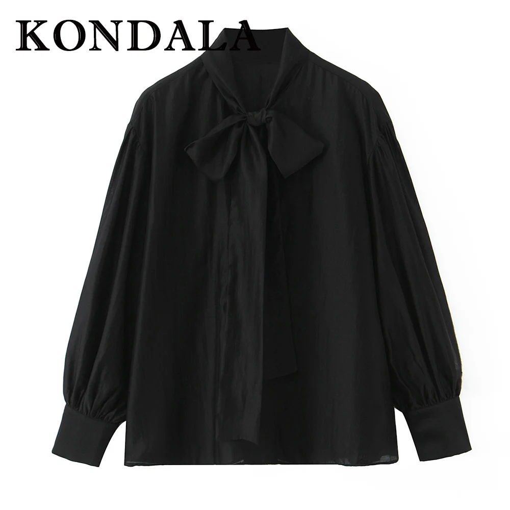 

KONDALA Vintage Solid Black Lace-up Sexy Women Casual Shirts Streetwear Loose Shirt Office Lady Fashion 2025 Autumn Female Shirt