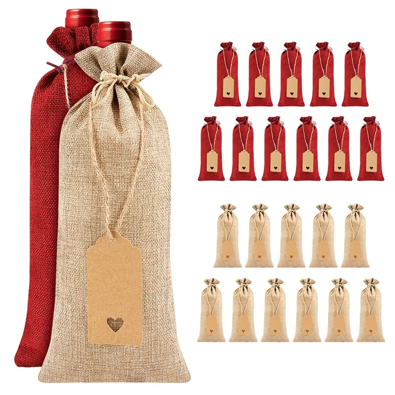 24 Pcs Burlap Wine Bags Wine Gift Bags,Wine Bottle Bags With Drawstrings,Tags & Ropes,Reusable Wine Bottle Covers