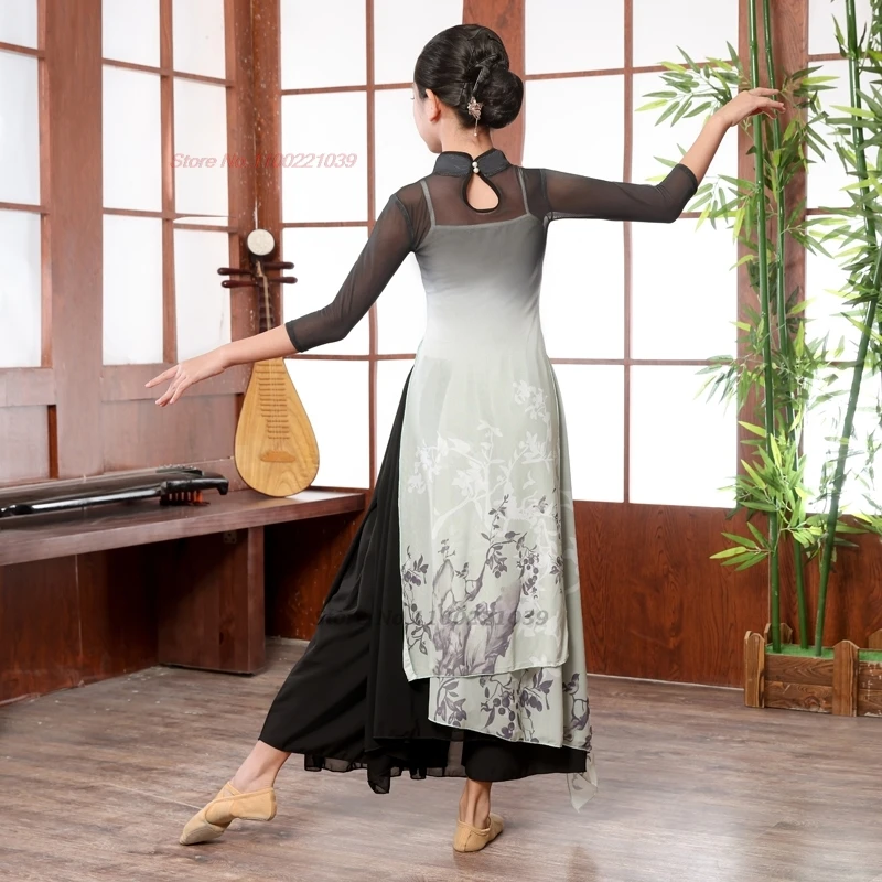 2025 中国ヴィンテージ子供ダンス衣装国家フラワープリントメッシュ袍トップス + パンツセット伝統的なステージパフォーマンスドレス