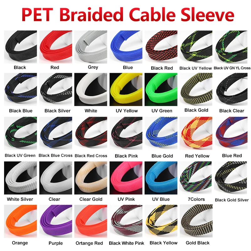 

1m 2/46/8/10/12/14/16/20/25/30mm PET Braid Insulated Sleeves High Density Expandable Cable Sheath Wrap Cable Protector For Wires