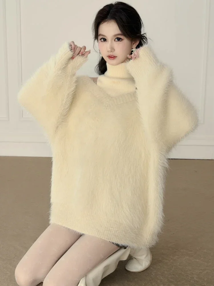 Winter Warm Pink Sweet Korean Sweaters Women Off Shoulder Sexy Elegant Pullovers Female Knitted France Vintage Y2k Sweaters 2024