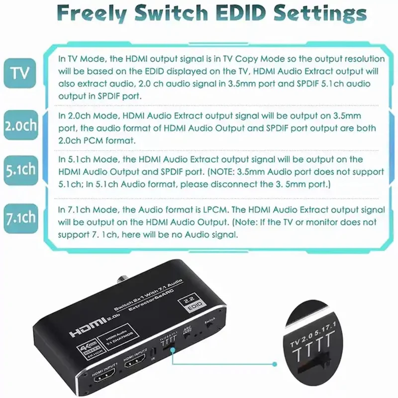 Imagem -05 - Interruptor Extrator de Áudio Hdmi 2x1 4k 120hz Earc Optical Toslink Hdmi 2.0 4k 60hz Controle Remoto para Apple tv Ps4