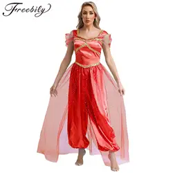 Women Belly Dance Jumpsuit Arabic Arabian Princess Costume Halloween Cosplay Sequin Trim Pumpkin Pants with Tulle Overlay Romper
