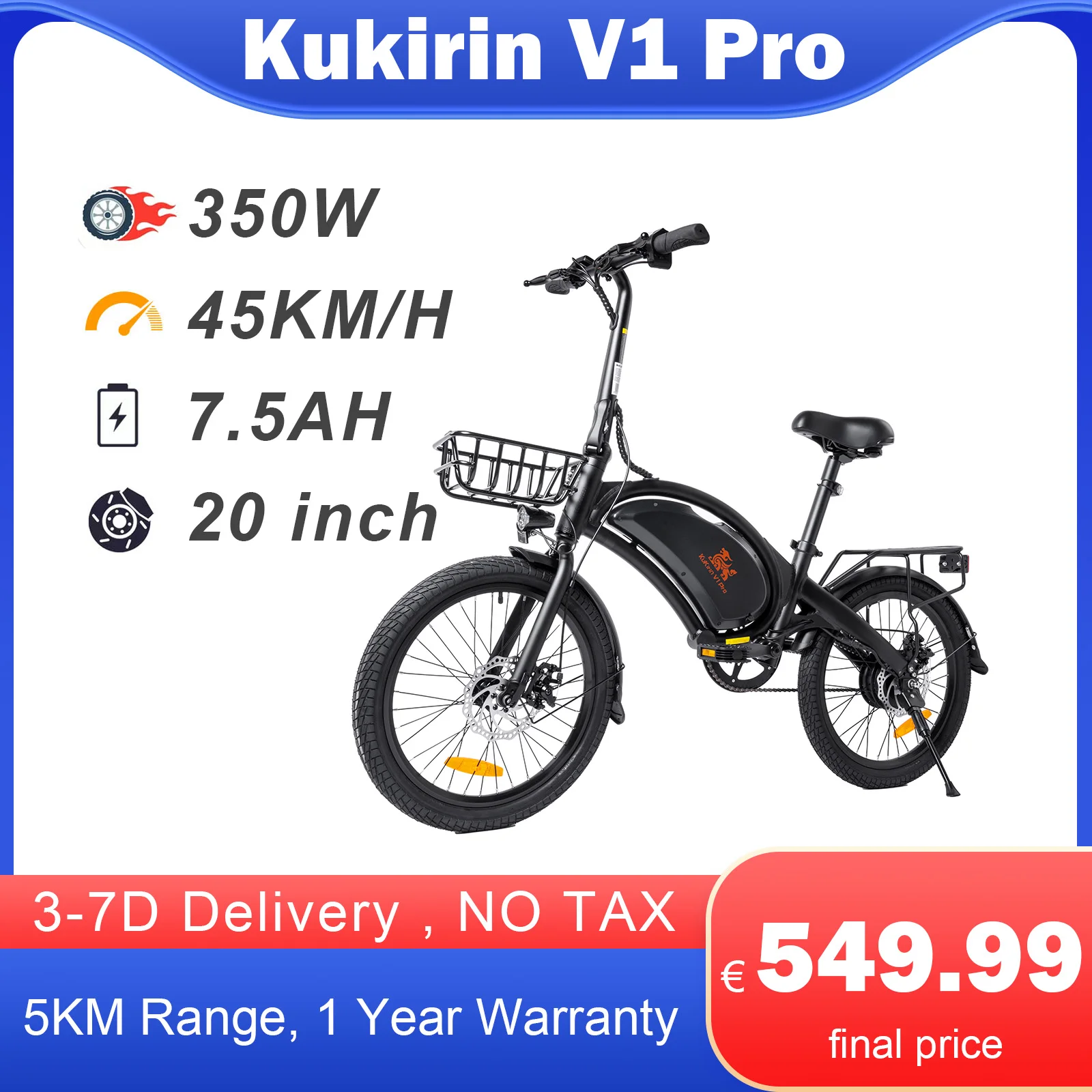 KugooKirin V1 Pro 725W Electric Bike 20 Inch Powerful Mini City Electric Bike 45KM Range 45KM/H 7.5AH Folding Ebike for Adults