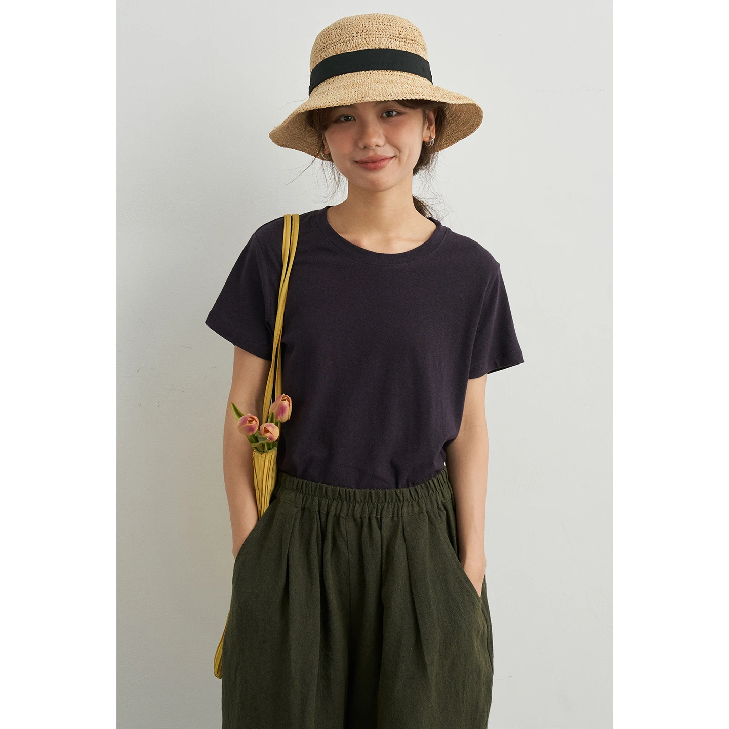 

Льняной хлопковый топ Ertang, мягкий, фиолетовый, круглый вырез, женский повседневный летний топ, удобный, дышащий