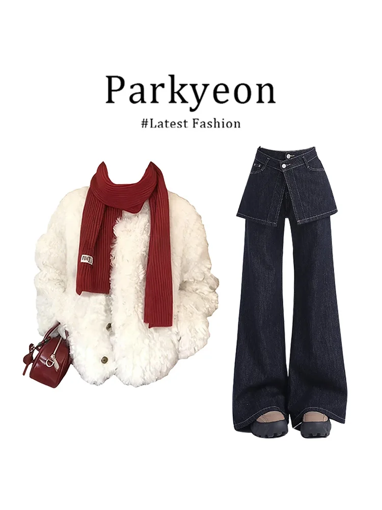 

Parkyeon New Year Christmas Short Lamb Velvet Jacket Women's Winter New Style Fake Two-Piece Denim Pants Set Chic Loose Fit