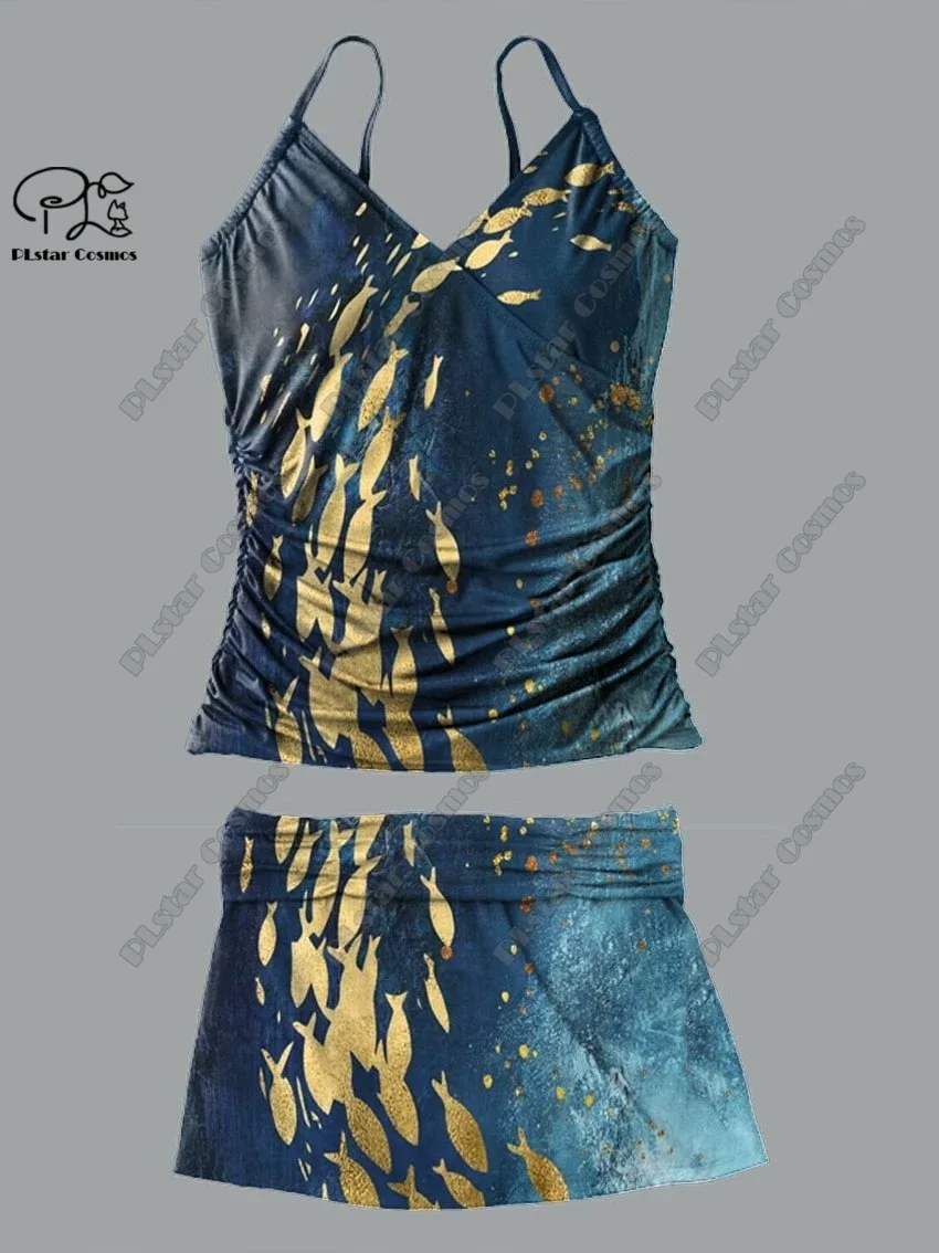 Scollo a v da donna estate piccola fresca stampa floreale pesce bretella gonna stile due pezzi costume da bagno vacanza nuovo costume da bagno Y-4