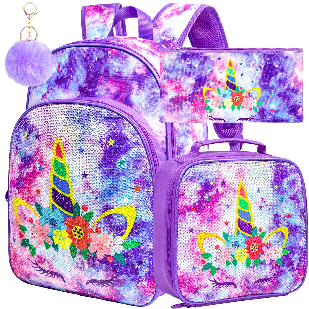

3PCS Girls Backpack, 16" Kids Unicorn Sequin Prechool Elementary Bookbag, Kindergarten School Back Packs and Lunch Box