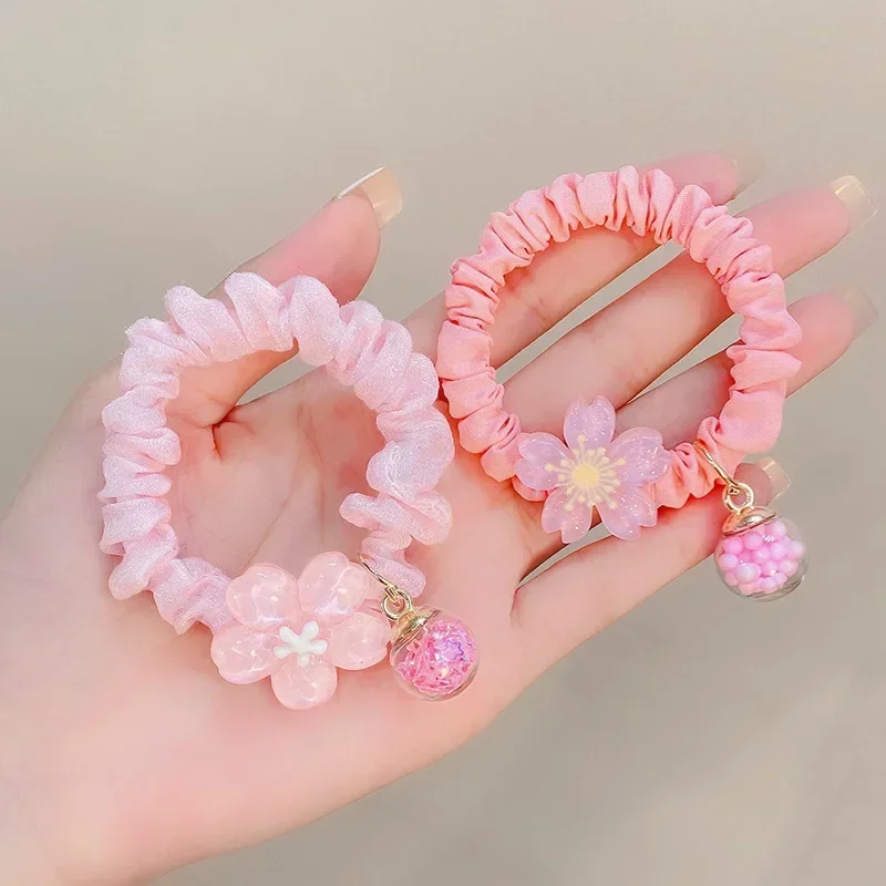 Cuerda para el cabello con flor de cerezo rosa, Anillo para el cabello con flor dulce, gomas elásticas de tela acrílica, joyería de moda, accesorios para el cabello para niña