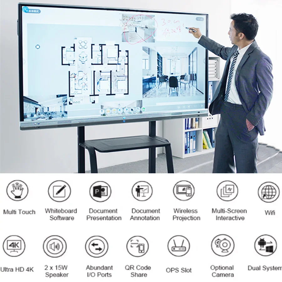 LONTON Custom 65'' 75 86 Inches Smart Board Interactive Whiteboard Display 4K Interactive Flat Panel for Meeting Teaching