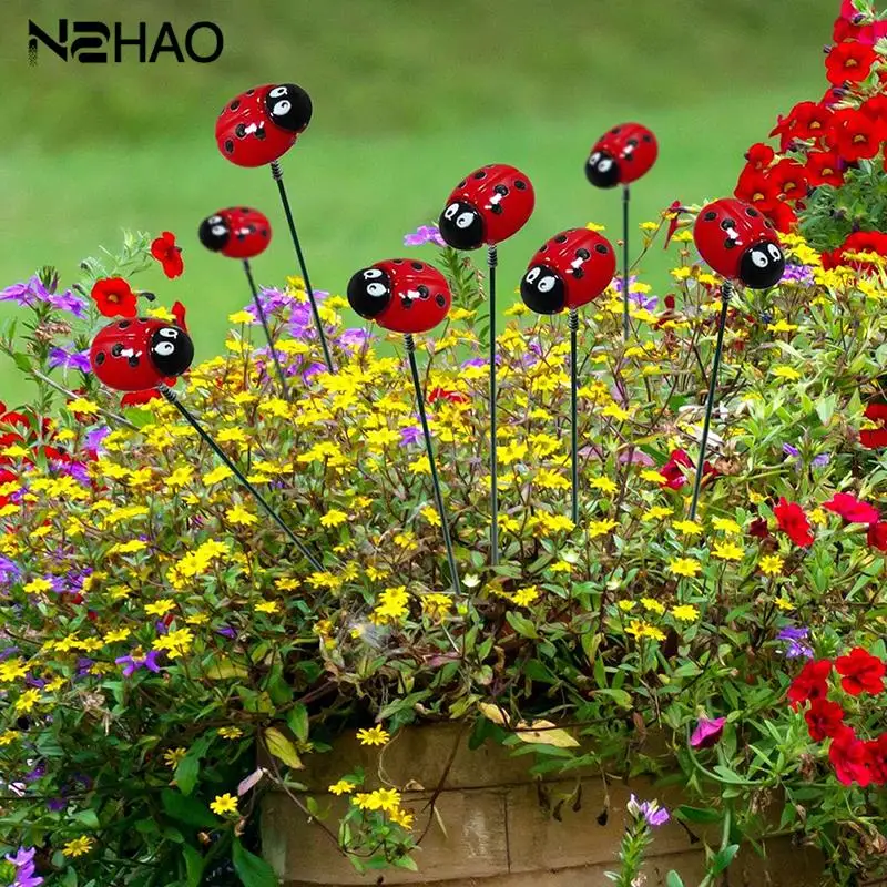 10Pcs Ladybug Insert Rod Potted Gardening Decoration Simulation Ladybug Home Decoration Background Gardening Decoration