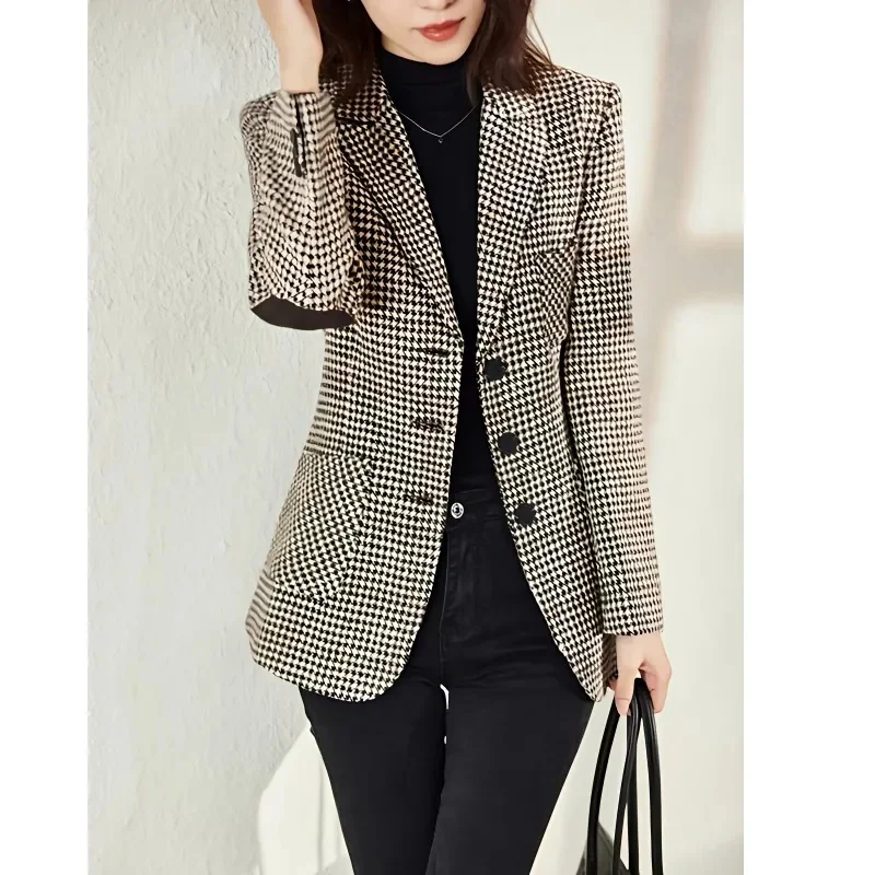 2024 Spring New Thousand-Bird Lattice Small Suit Jacket Women\'s Medium Length Slim Temperament Plaid Suit Everything Up Top XZ08