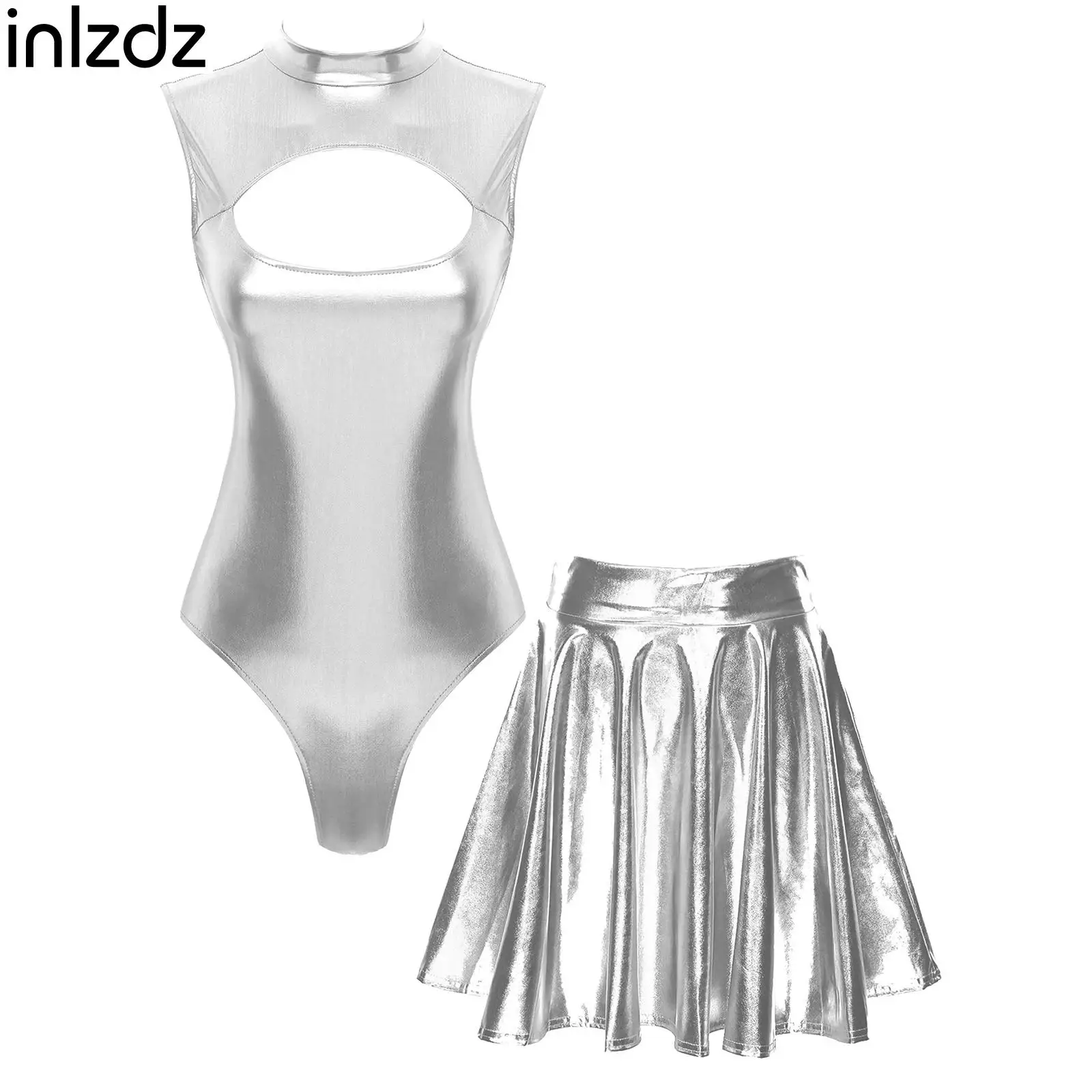 

2 Pcs Womens Sexy Swimsuit Sport Suit Pool Party Nightclub Performance Costume Fashion Sleeveless Metallic Leotards with Skirts