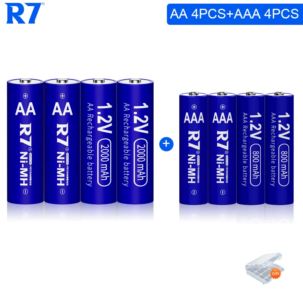 R7 1.2V NI-MH AA +AAA Rechargeable Battery 4pcs AA 2000mAh and 4pcs AAA 800mAh