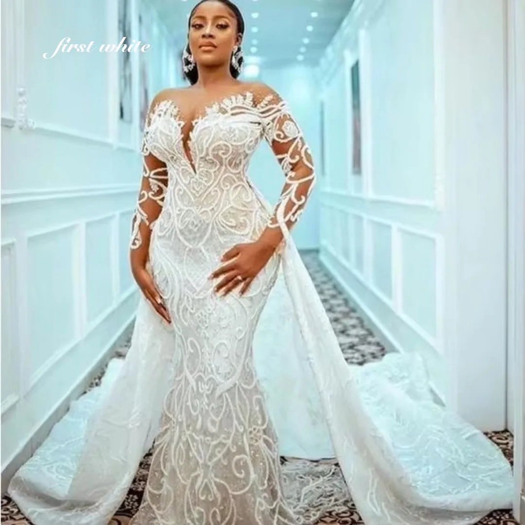 Customized Plus Size Mermaid 2025 Wedding Dress Detachable Train Beaded Lace Appliqued African Aso Ebi Bridal Gown Robe DeMariée