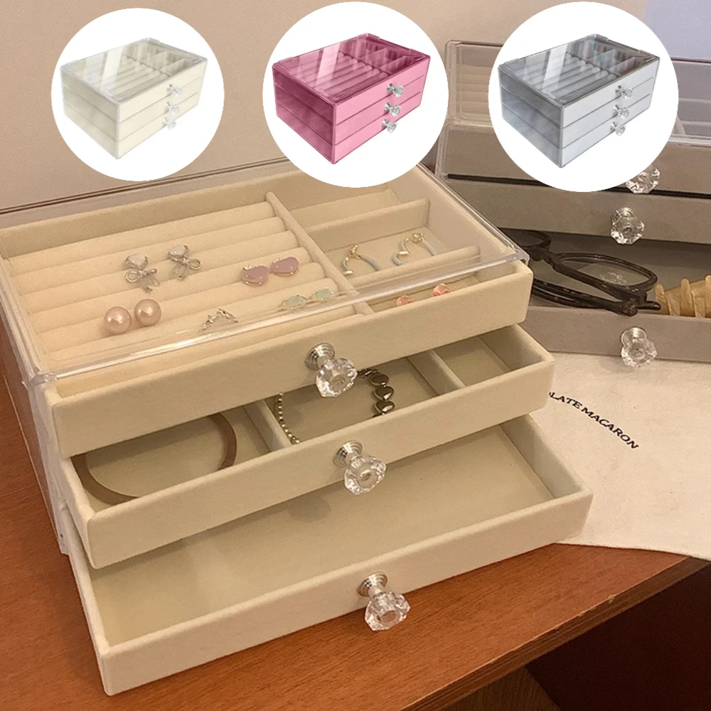 

2025 Storge Box Acrylic Velvet Jewelry Organizer With 3 Drawers Stackable Display Storage Earrings Necklace Bracelets Box Holder