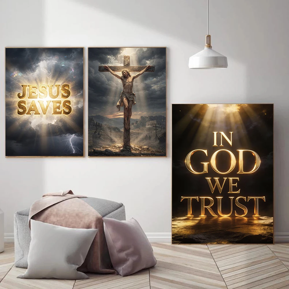 Faith Over Fear Christian Posters Jesus Walking on Water Cross Modern Prints Canvas Wall Art Pictures Home Living Room Decor