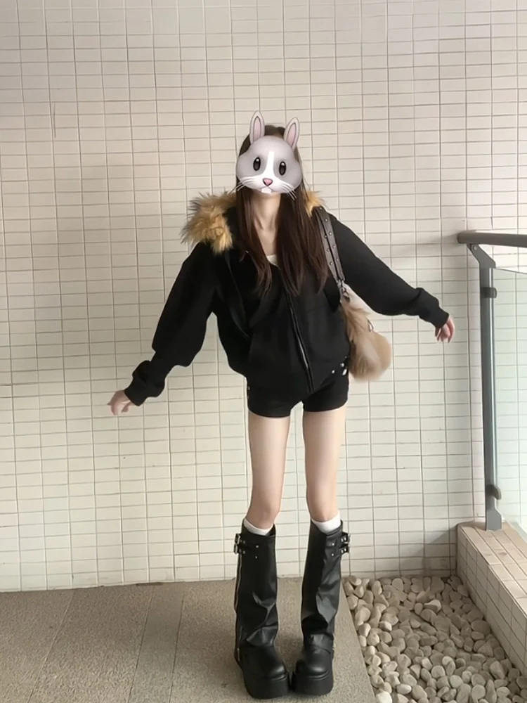 American high street feminino fce forrado jaet colarinho casaco solto casual versátil outono inverno 2024 novo sle casal hoodie