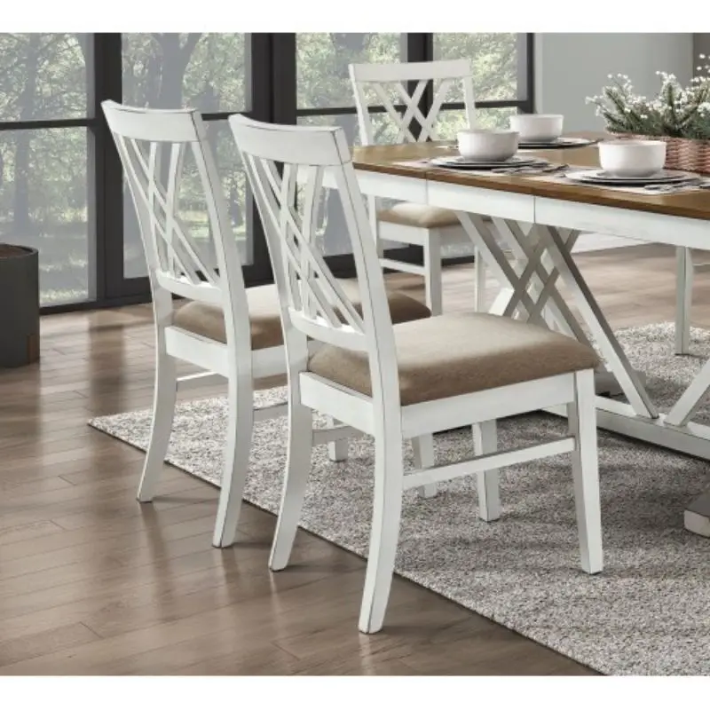 Modern Style White and Oak Finish Side Chairs 2pc Set Fabric Upholstered Seat Charming Traditional Dining Kitchen Furniture