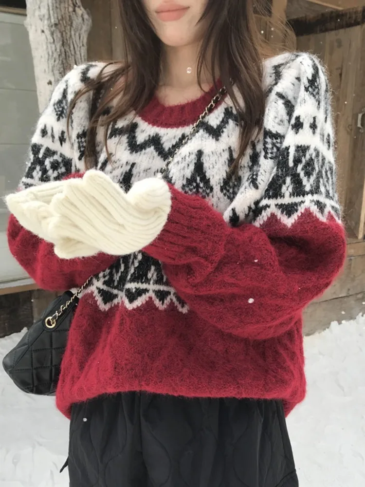 

Thiened Cisas New Year Red Knitted Sweater Women's Lazy Sle round Ne Commute Wind Autumn Winter New Arrival