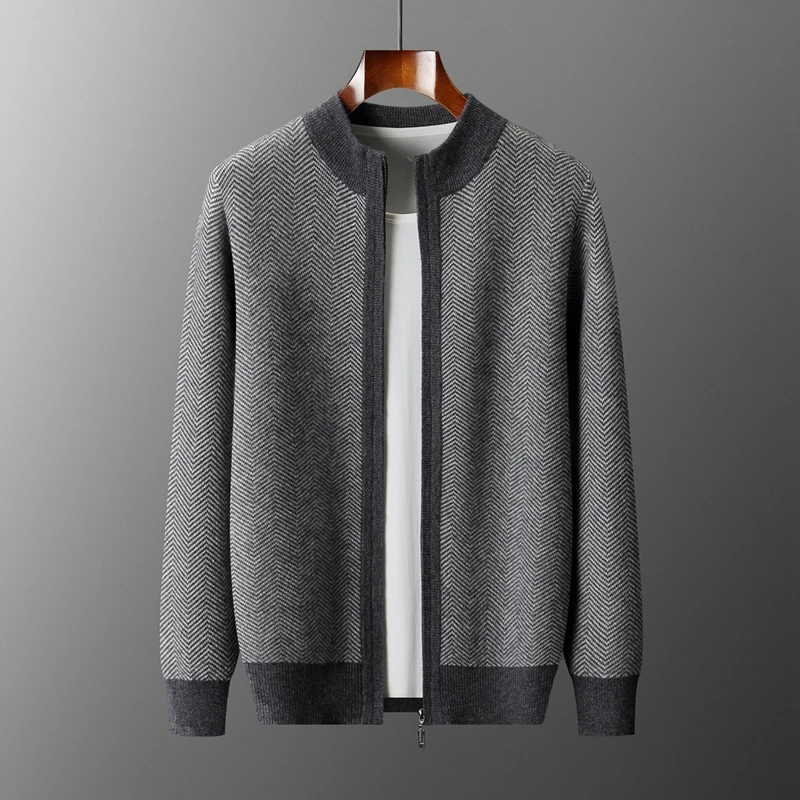 

Men's Autumn Winter 100% Merino Wool Stand Collar Zip Cardigan Business Casual Herringbone Sweater Comfortable Cashmere Jacket