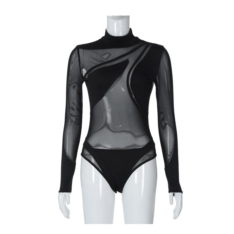 2025 col haut maille épissage transparent couleur unie coupe ajustée à manches longues combinaison sexy ajustement serré printemps et été femmes