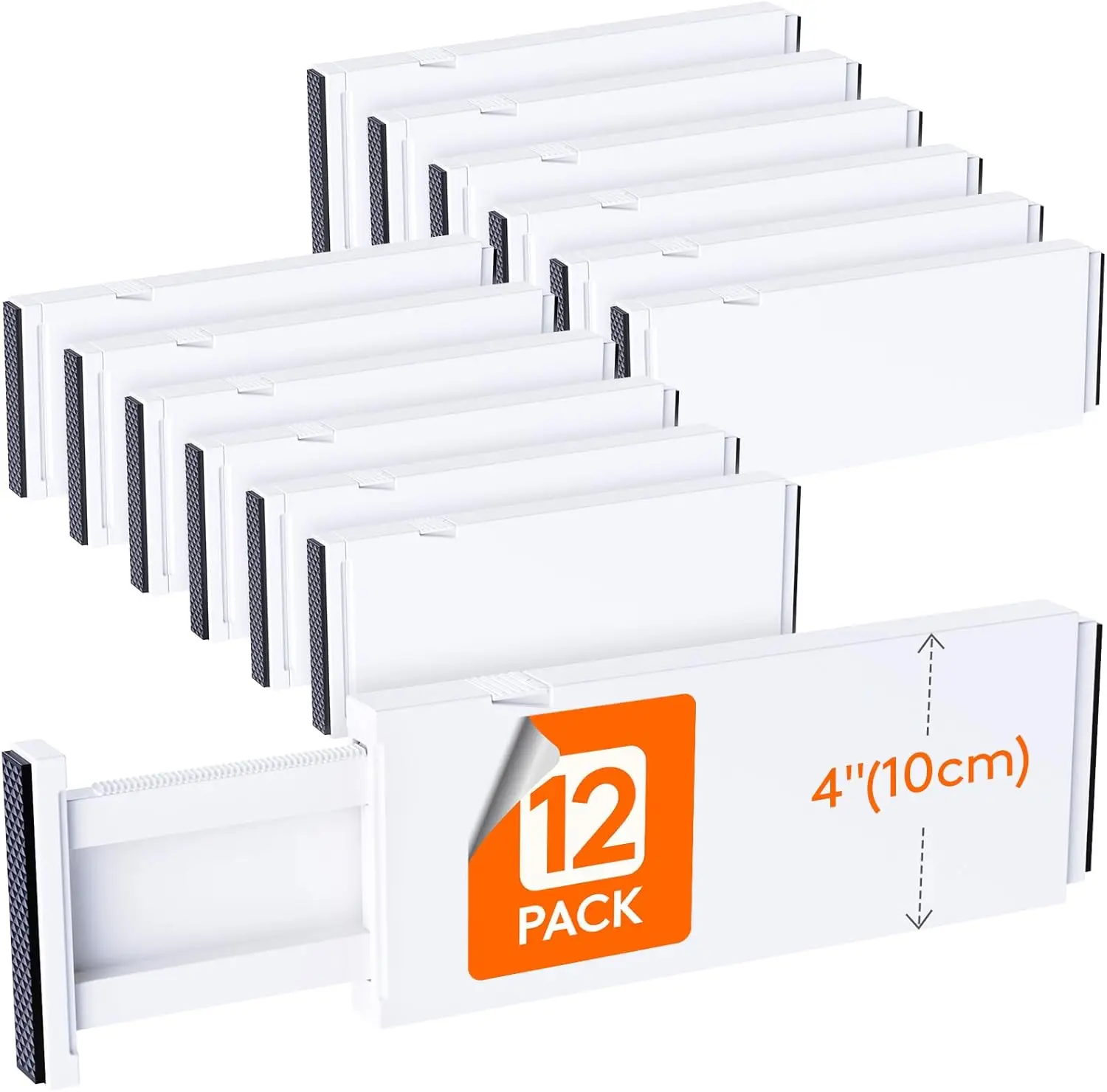 

12 Pack 4" High Drawer Dividers, Adjustable 11-17", Expandable Organizer for Clothes, Kitchen, Office - White