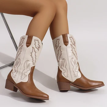 Embroidery women western cowboy boots fashion thick heel knight long booties Retro style autumn winter slip on women shoes