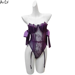 AniLV Women Sexy Lingerie Outfits Mysterious Purple Lace Bodysuit Temptation Secret Underwear Pajamas Erotic Costumes