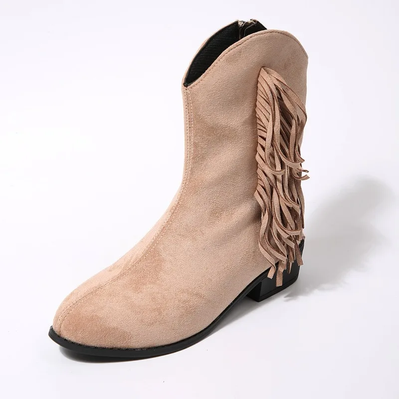 Women's Retro Fringe Suede Women's Round Toe Chunky Heel Short Boots Slimming V Cut Rain Boots for Women Wide Calf Wide Width view 5