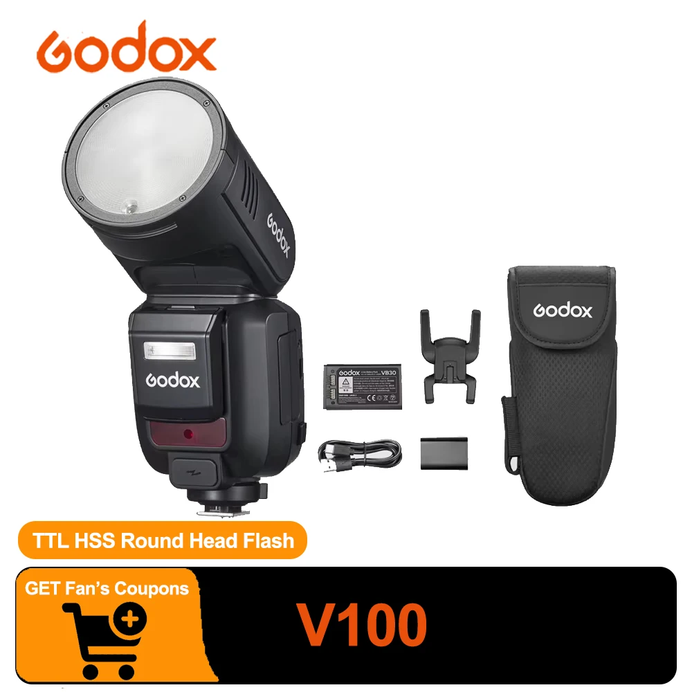 Godox V100 TTL HSS Li-ion Round Head Camera Flash  2.4G Wireless Sync Touchscreen for Nikon Canon Sony Olympus Fuji