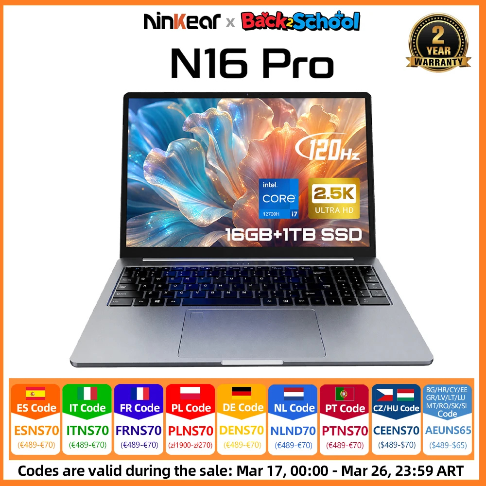 Ninkear Laptop 16 Zoll 2,5K 120Hz Intel Core i7-12700H WiFi 6 16GB+1TB SSD Laptop Windows 11 Notebook Bürocomputer