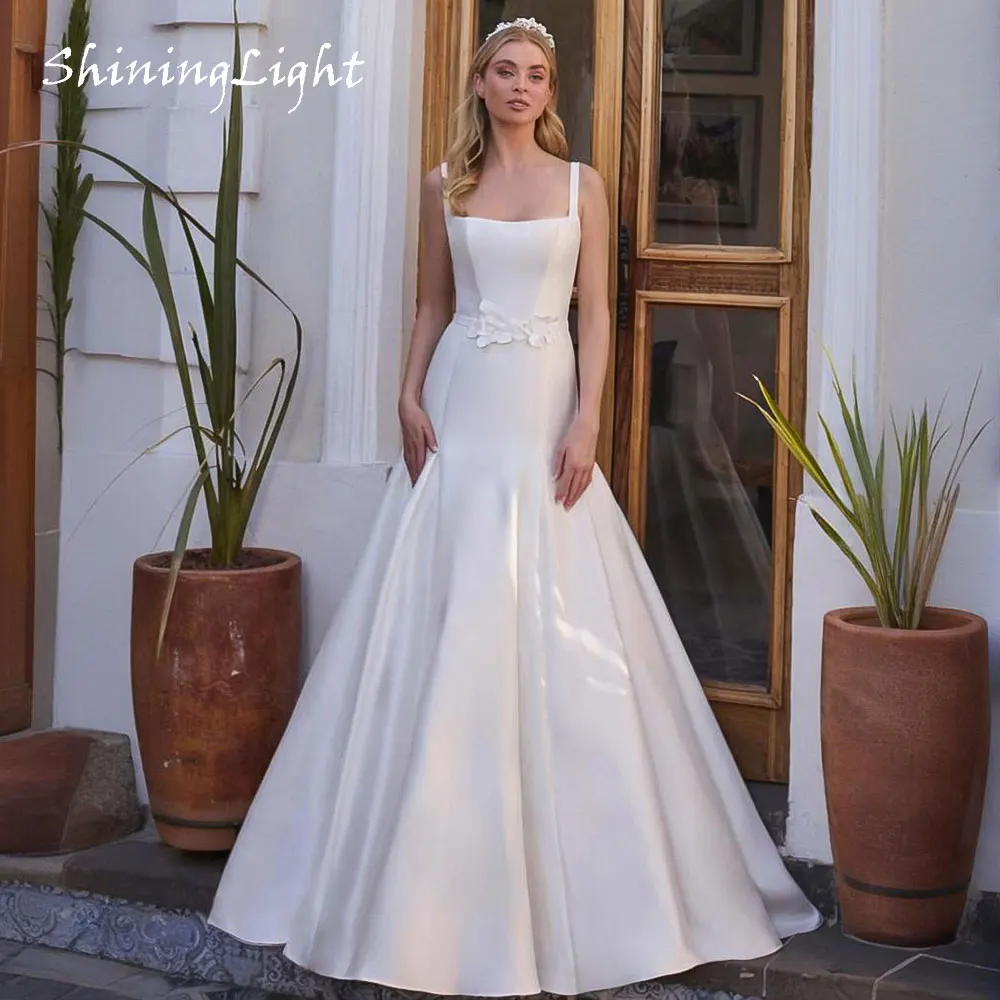 

ShiningLight Elegant and Simple Satin Wedding Dresses Square Collar Sleeveless White Mermaid Cut Bridal Wedding Gown Customized