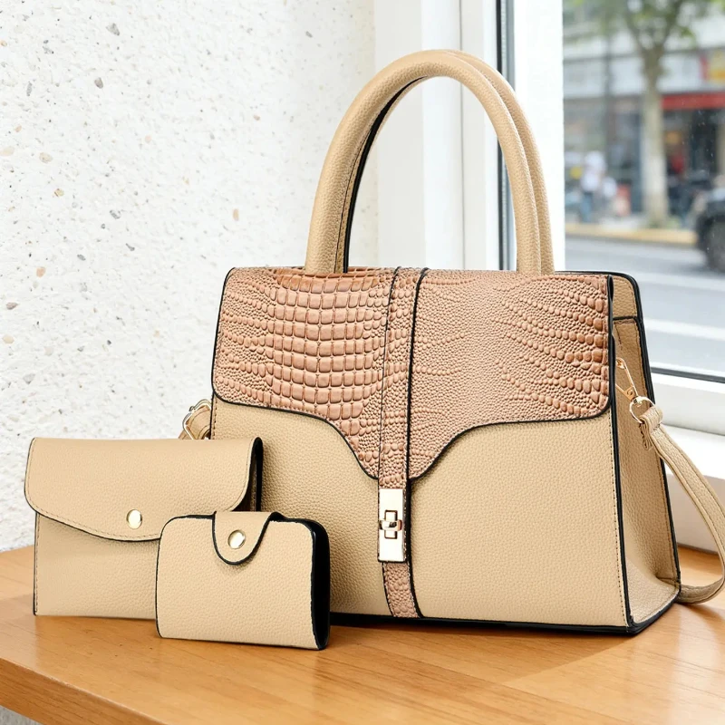 Product Title 3-piece women's bag set, Elegant bags, crocodile pattern ladies handbag with premium texture, stylish and casual view 4