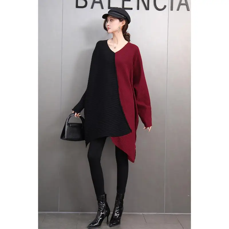 Vefadisa 2025 Spring Autumn New Brown Patchwork Sweater V-neck Batwing Long Sleeved Loose Casual Irregular Sweater ZXY1334A