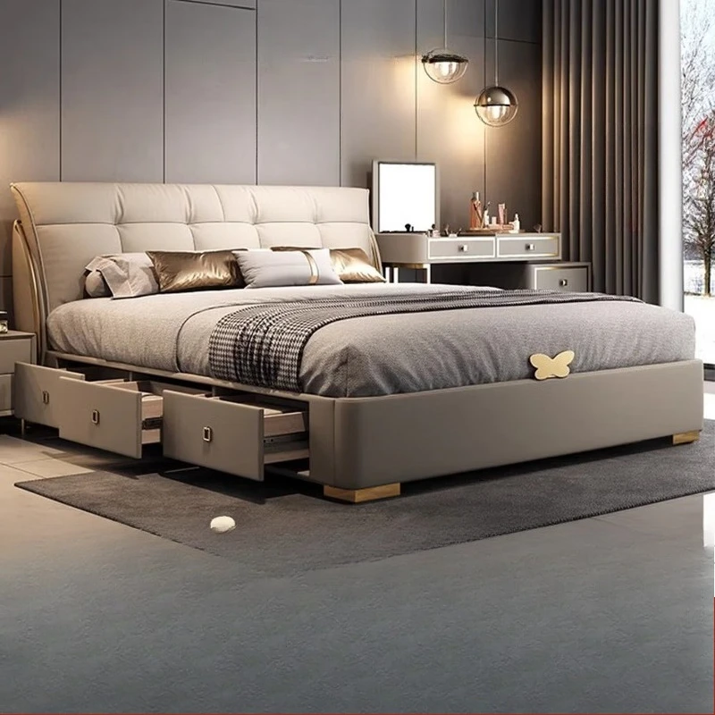

Leather bed, Italian minimalist air pressure storage, double bed, light luxury, modern French upholstered wedding bed