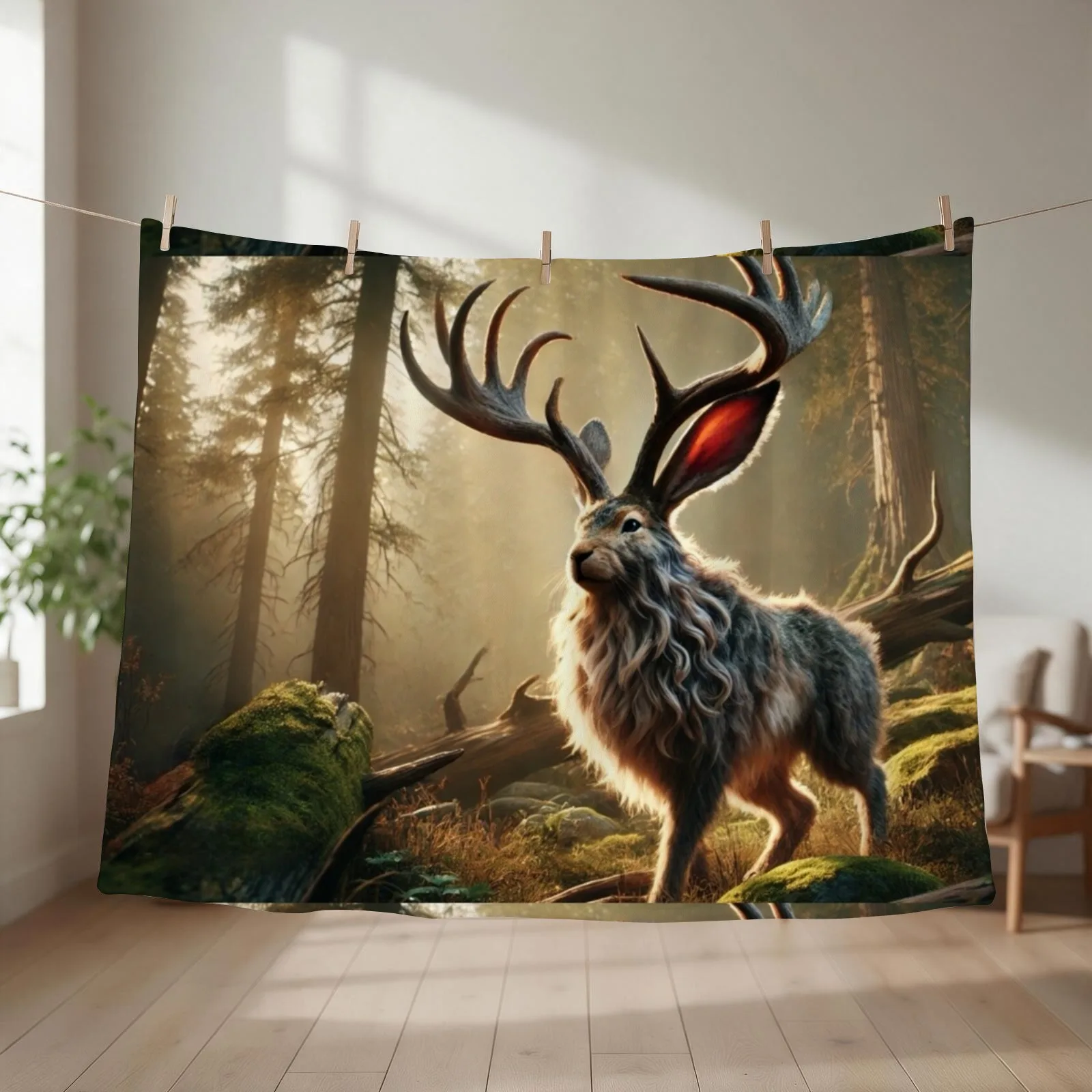 Fantasy Hybrid Jackrabbit-Antelope (Jackalope) in Enchanted Forest Throw Blanket Beach Sleeping Bag Retros Blankets