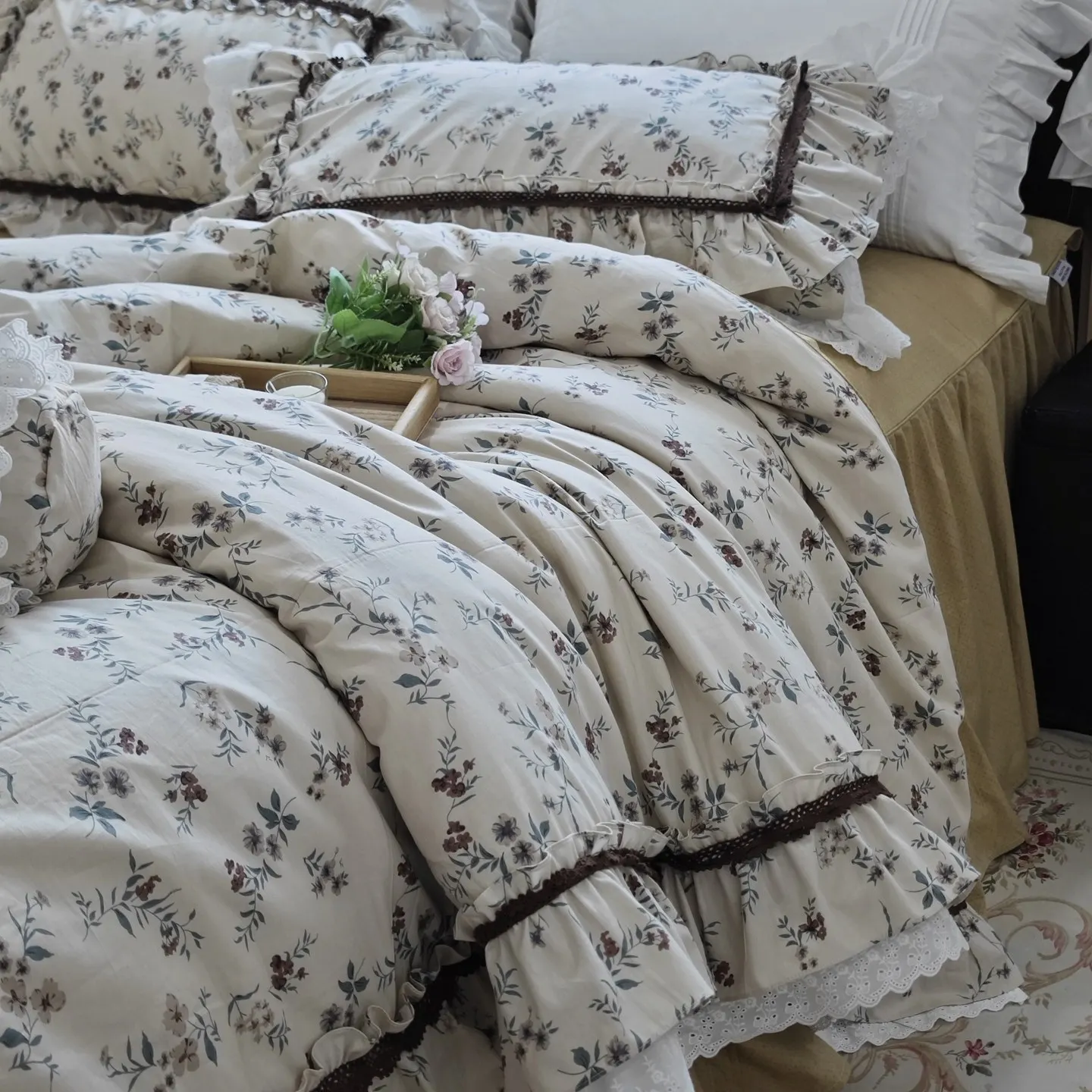 Floral Print Bedding Set 100% Cotton, Princess Ruffle Lace Duvet Cover, European Style Bed Sheet Skirt With Pillowcase