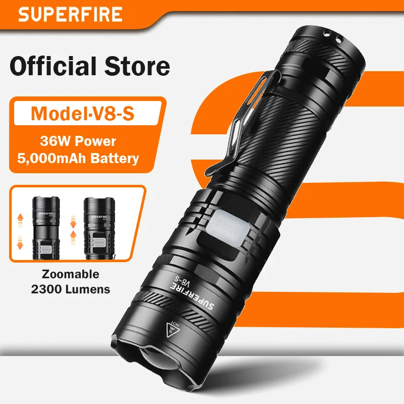 2025-superfire-v8-s-充電式led懐中電灯-伸縮式フォーカス-36wハイパワーusbトーチ-アウトドアキャンプ用-5000mah
