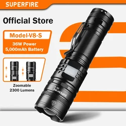 SUPERFIRE 36W High Power LED Waterproof Flashlight With Wick 26650 Battery Powerful Indicator USB-C Tactical Hunting Lights