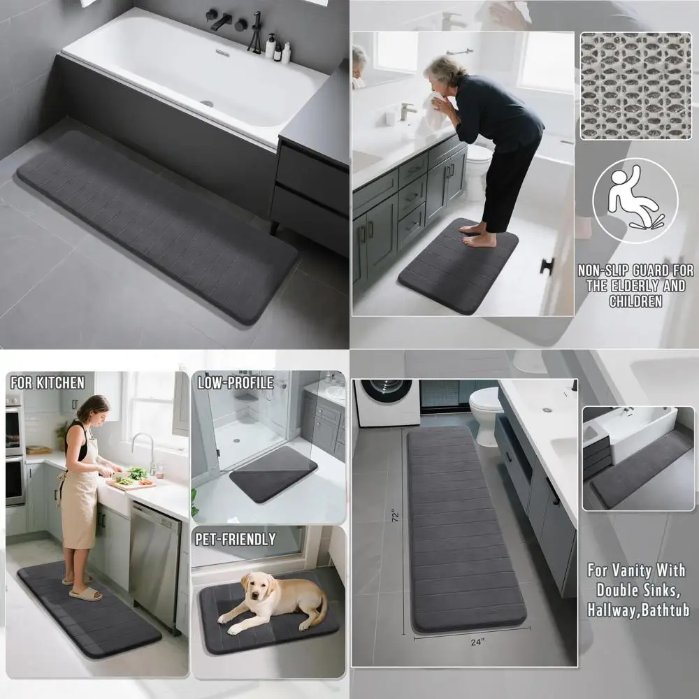 

Коврик для ванной из пены с эффектом памяти 72x24 дюйма, нескользящий, моющийся, ультрамягкий, впитывающий, для ванной комнаты, душа, темно-серый