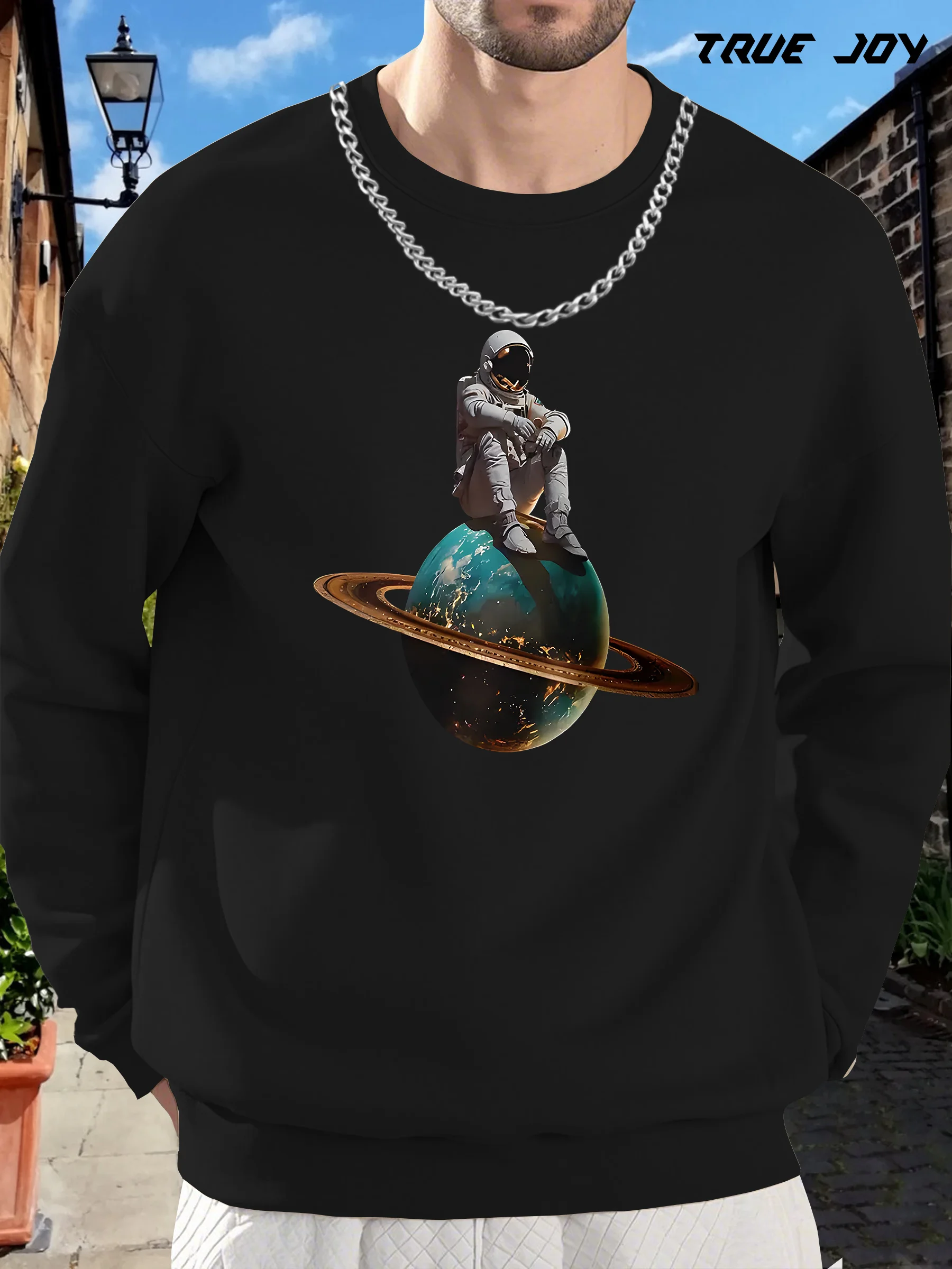 

Мужская толстовка с круглым вырезом с рисунком астронавта и планеты на космической тематике — повседневная свободная посадка с длинными рукавами, идеально подходит для весны