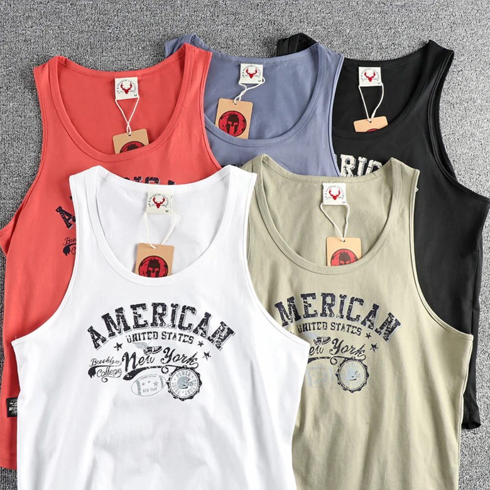 Retro trend letter pattern men\'s sweat vest all cotton wash fitness sports sleeveless vest T-shirt