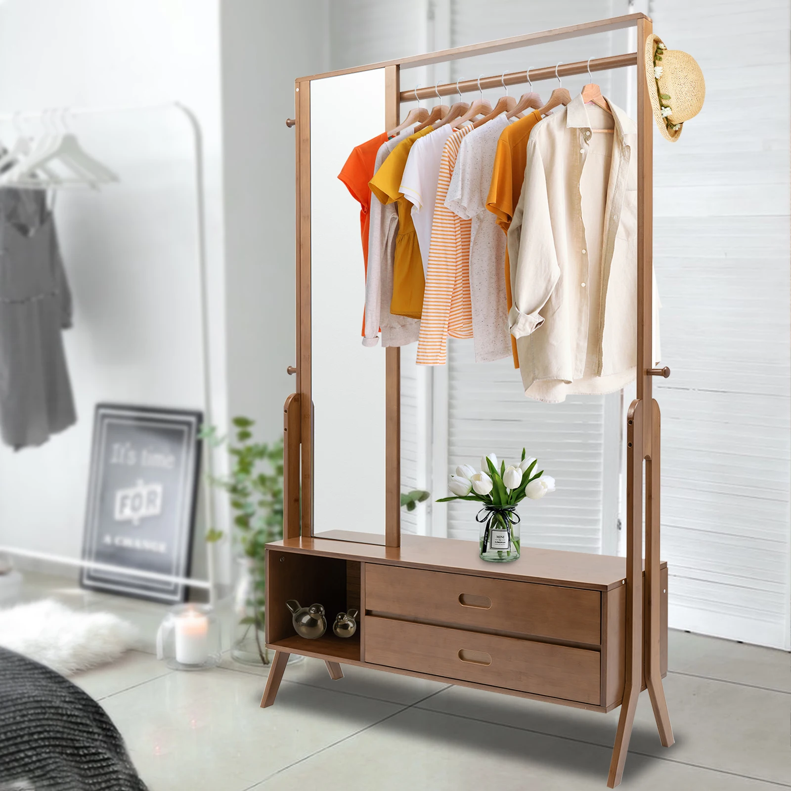 103*33*169cm Bamboo Garment Rack Freestanding Closet Organizer Open Wardrobe for Entryway