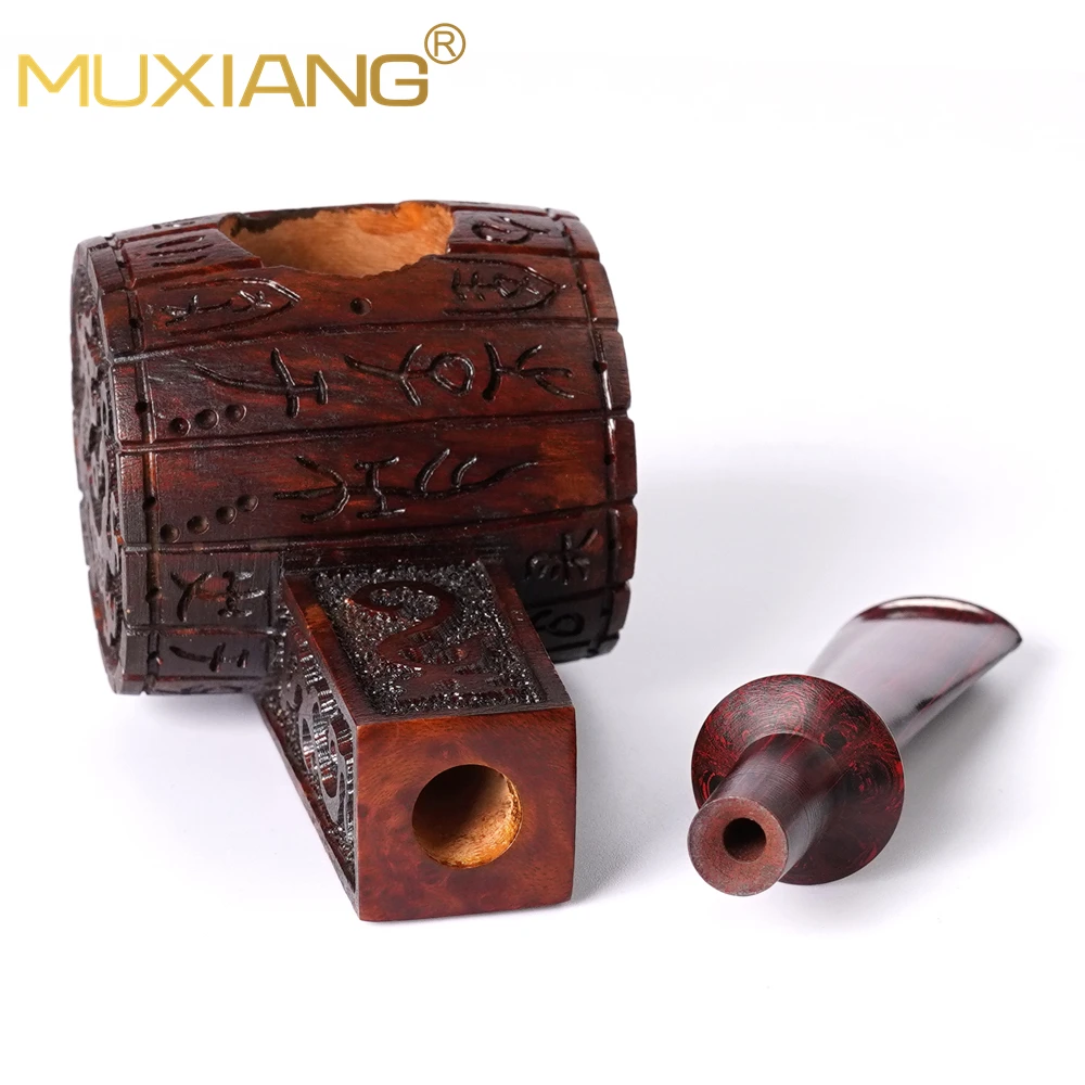 muxiang carved tobacco pipe briar straight handle pipe round barrel pipe Chinese wind dragon Cumberland pipe mouthpiece