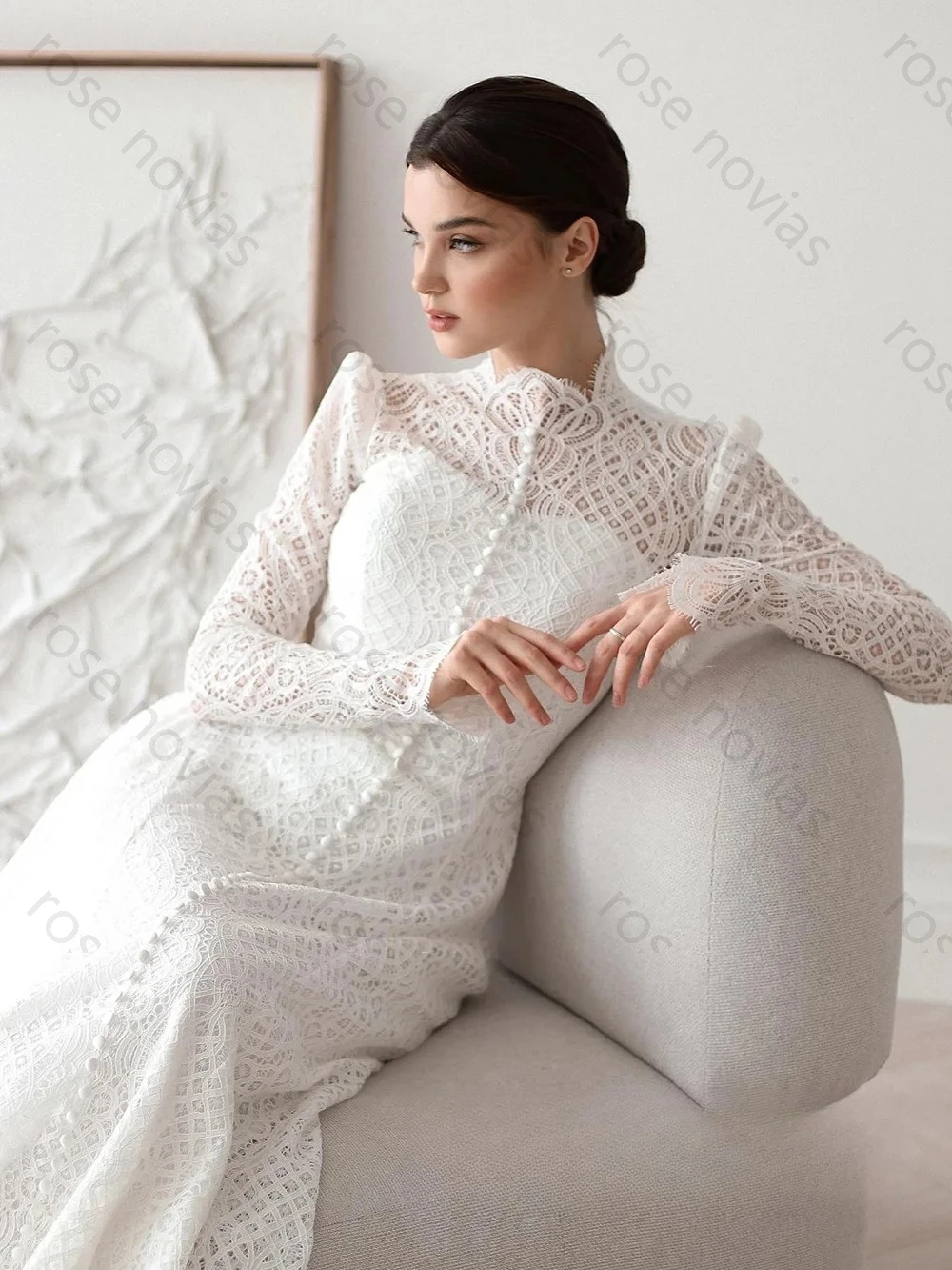 Vestido de casamento de alta qualidade, charmoso, mangas compridas, gola alta, trem personalizado, vestido de noiva saudita para mulheres, noiva, recém-chegado